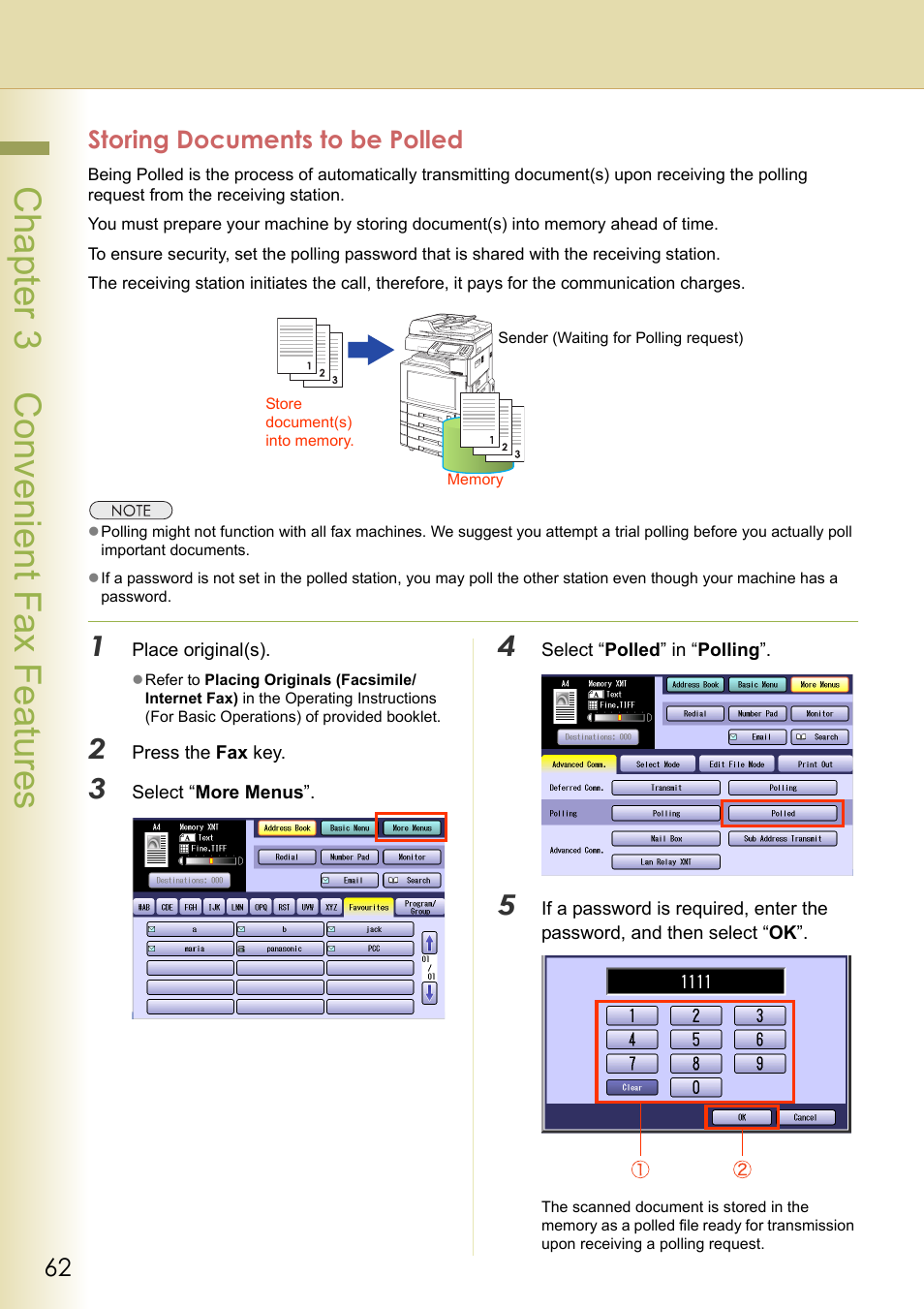 Storing documents to be polled, Chapter 3 convenient fax features | Panasonic Laser Fax UF-6000 User Manual | Page 62 / 224