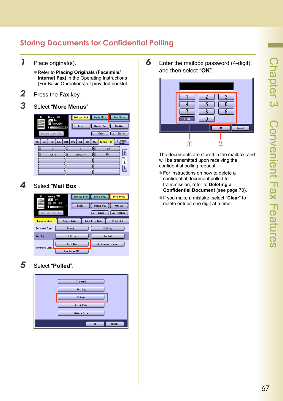 Storing documents for confidential polling, Chapter 3 convenient fax features | Panasonic Laser Fax UF-6000 User Manual | Page 67 / 224