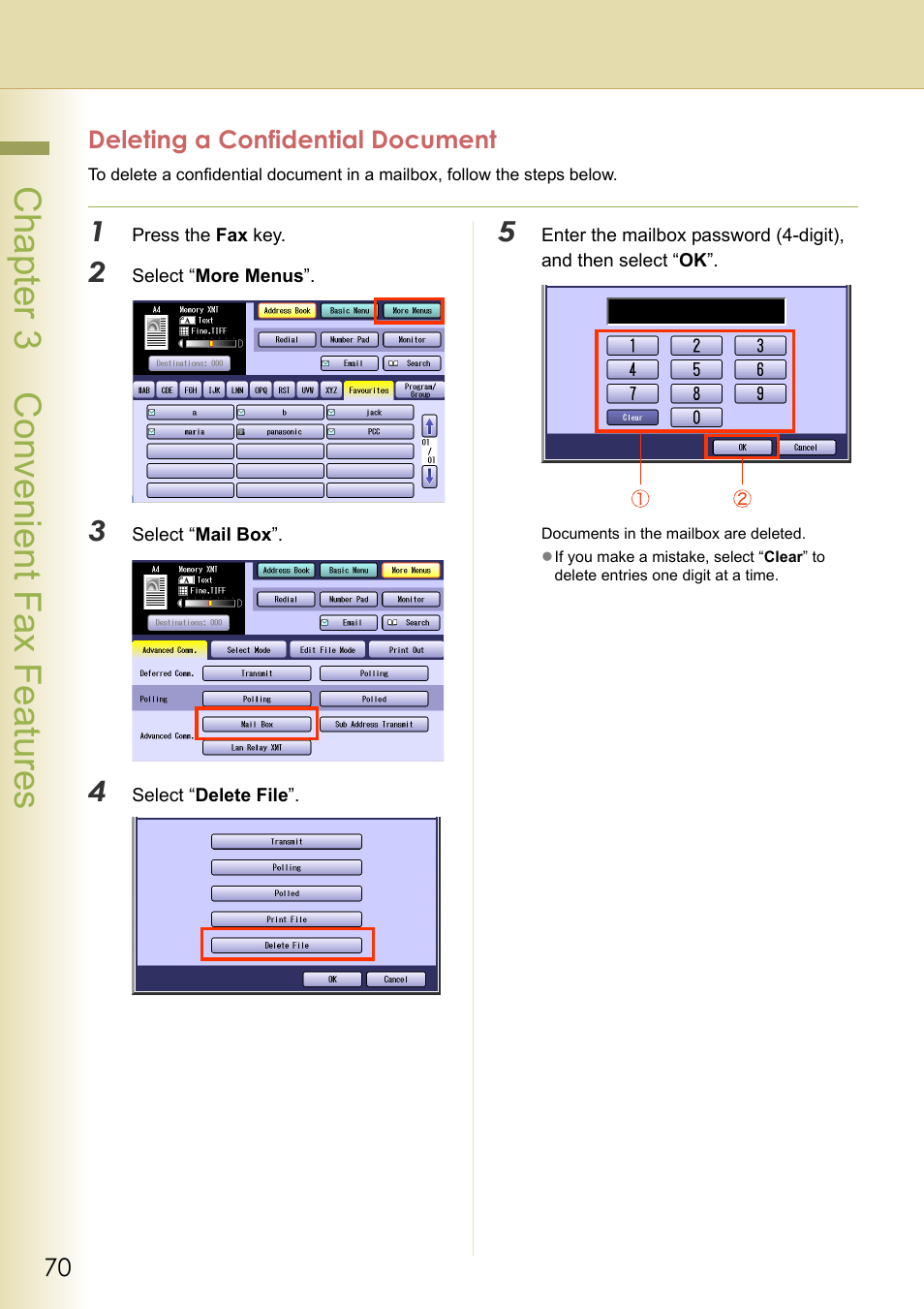 Deleting a confidential document, Chapter 3 convenient fax features | Panasonic Laser Fax UF-6000 User Manual | Page 70 / 224