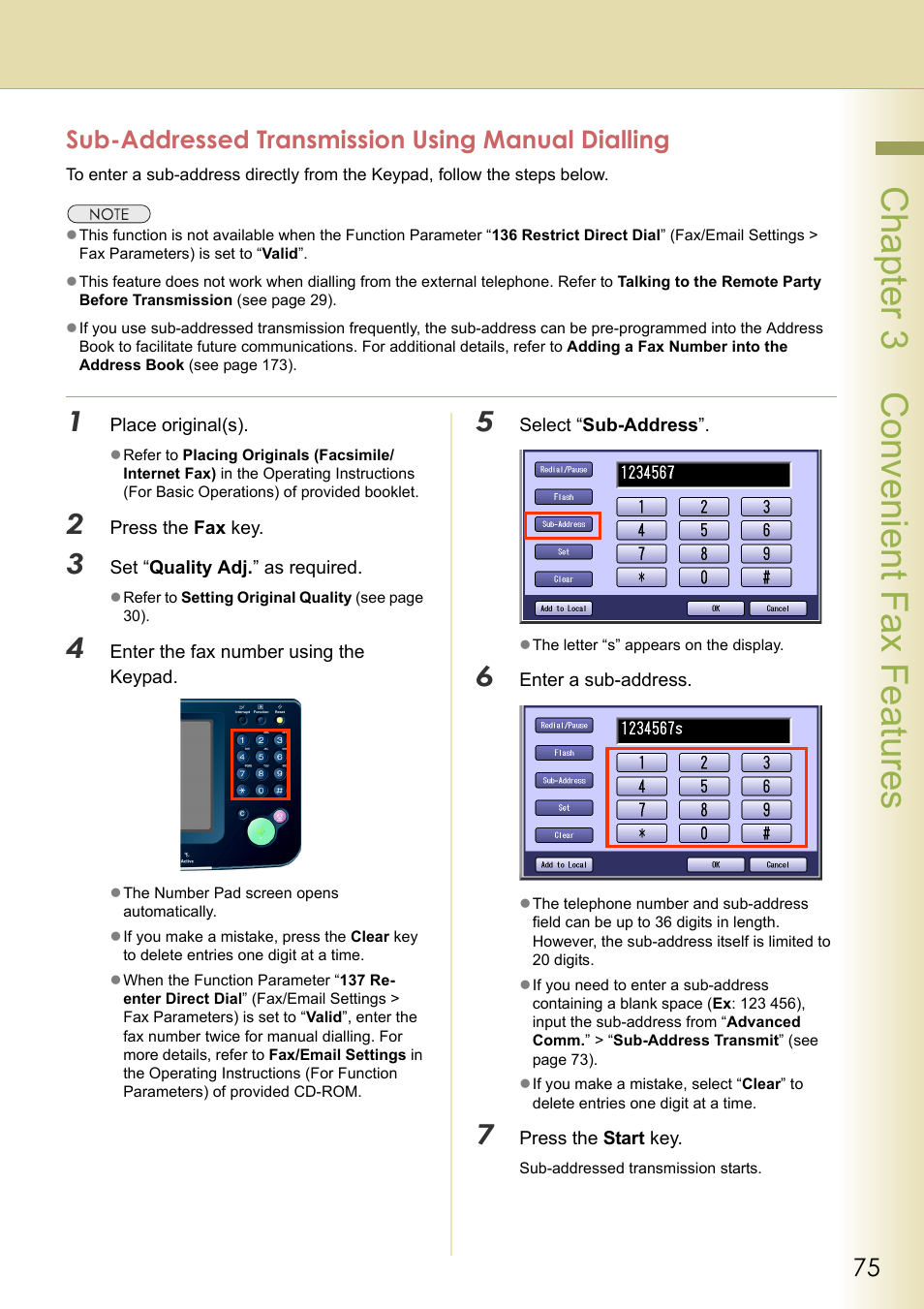 Sub-addressed transmission using manual dialling, Chapter 3 convenient fax features | Panasonic Laser Fax UF-6000 User Manual | Page 75 / 224