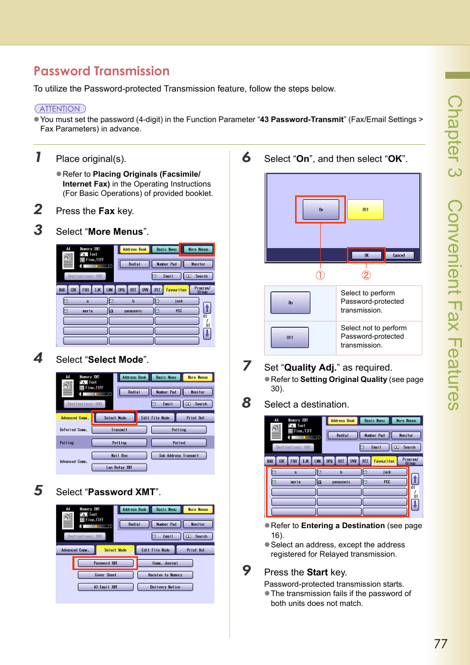 Password transmission, Chapter 3 convenient fax features | Panasonic Laser Fax UF-6000 User Manual | Page 77 / 224