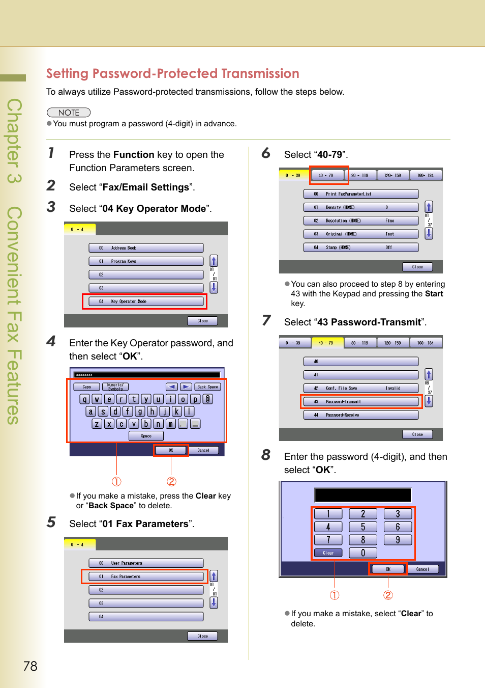 Setting password-protected transmission, Chapter 3 convenient fax features | Panasonic Laser Fax UF-6000 User Manual | Page 78 / 224