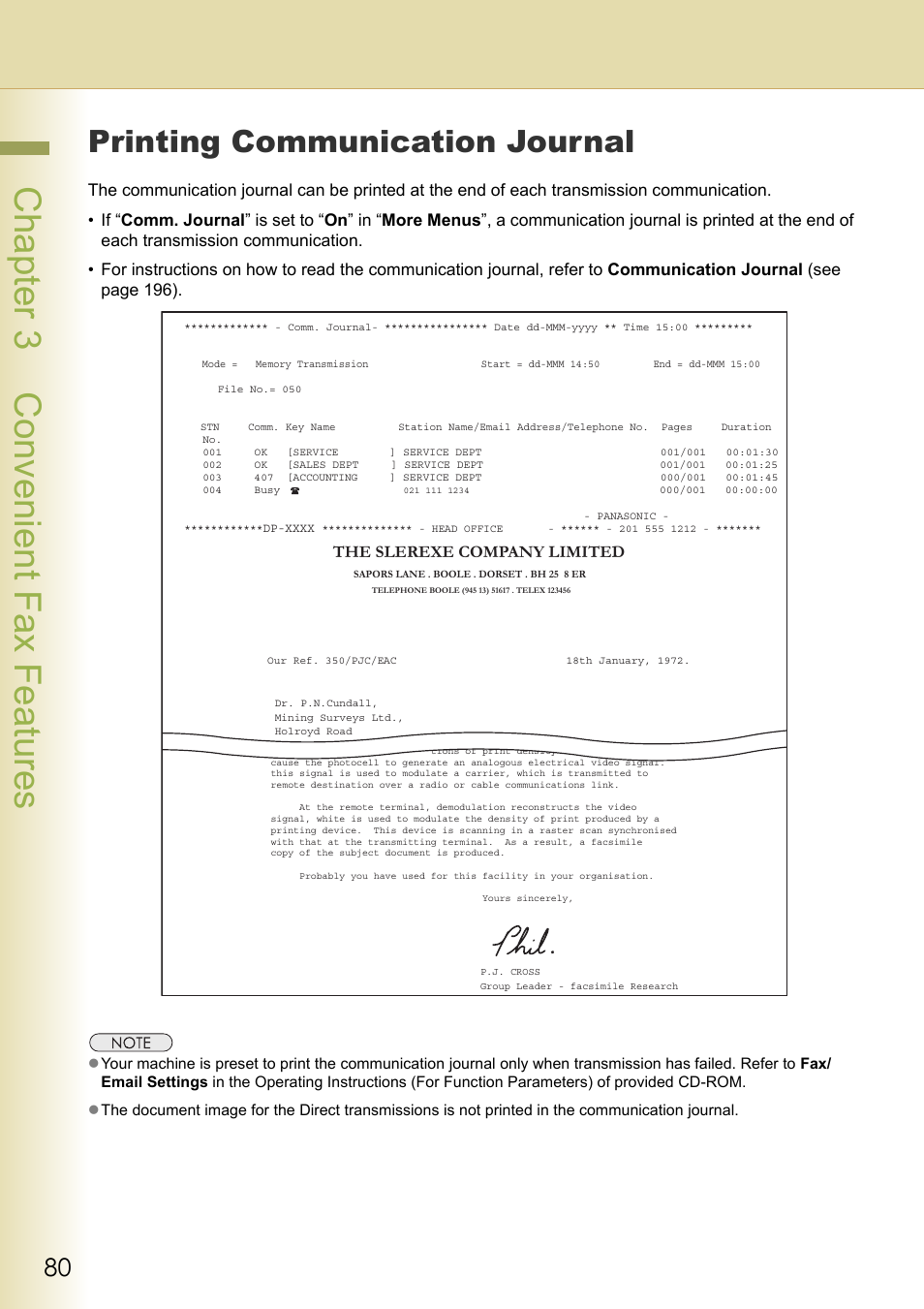 Printing communication journal, Chapter 3 convenient fax features, The slerexe company limited | Panasonic Laser Fax UF-6000 User Manual | Page 80 / 224
