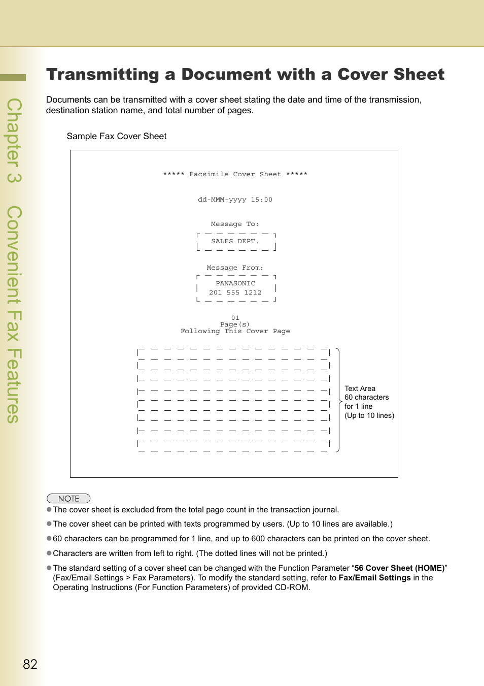 Transmitting a document with a cover sheet, Chapter 3 convenient fax features | Panasonic Laser Fax UF-6000 User Manual | Page 82 / 224