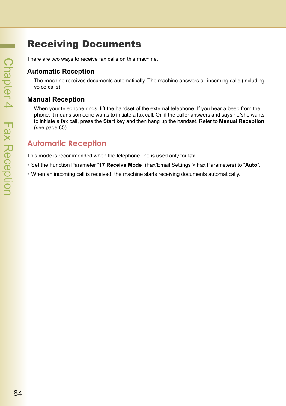 Fax reception, Receiving documents, Automatic reception | Chapter 4 fax reception | Panasonic Laser Fax UF-6000 User Manual | Page 84 / 224