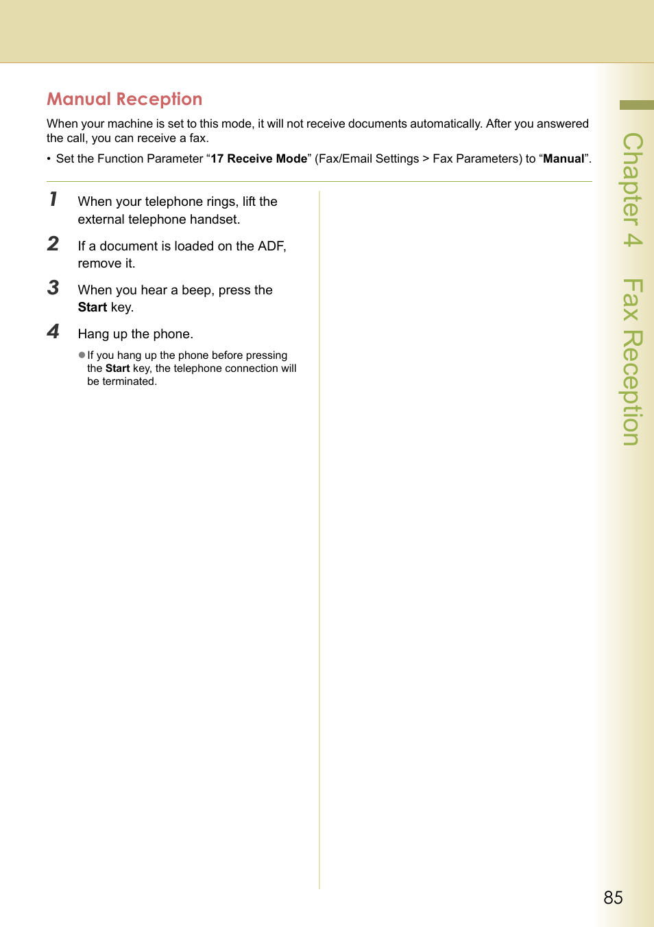 Manual reception, Chapter 4 fax reception | Panasonic Laser Fax UF-6000 User Manual | Page 85 / 224