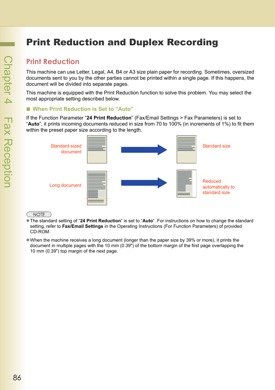 Print reduction and duplex recording, Print reduction, Chapter 4 fax reception | Panasonic Laser Fax UF-6000 User Manual | Page 86 / 224