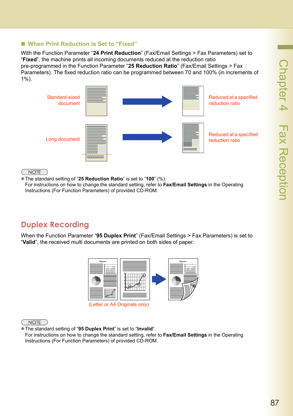 Duplex recording, Chapter 4 fax reception | Panasonic Laser Fax UF-6000 User Manual | Page 87 / 224