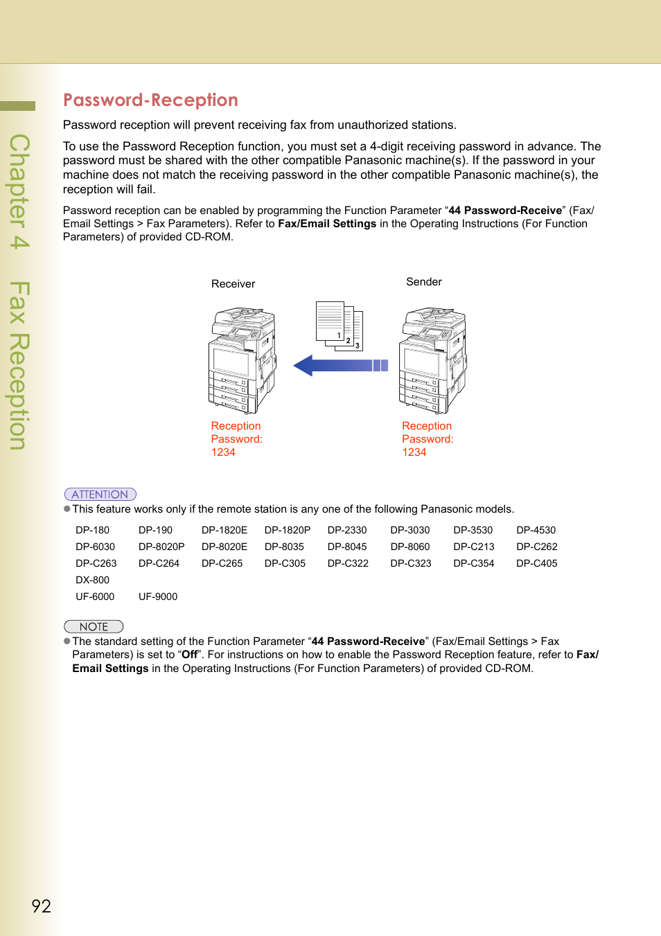 Password-reception, Chapter 4 fax reception | Panasonic Laser Fax UF-6000 User Manual | Page 92 / 224