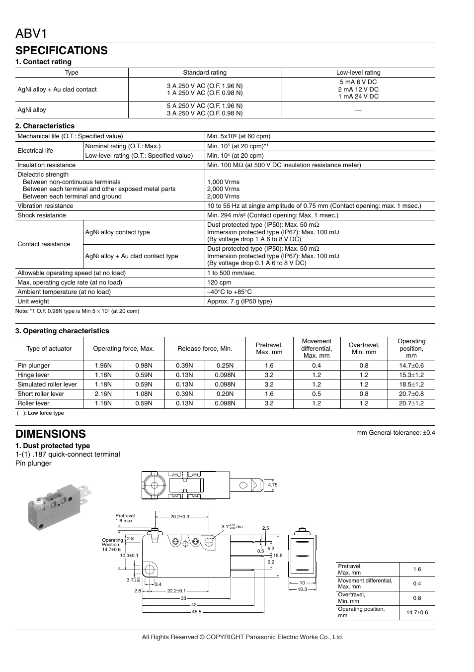 Abv1, Specifications, Dimensions | Panasonic ABV User Manual | Page 4 / 5