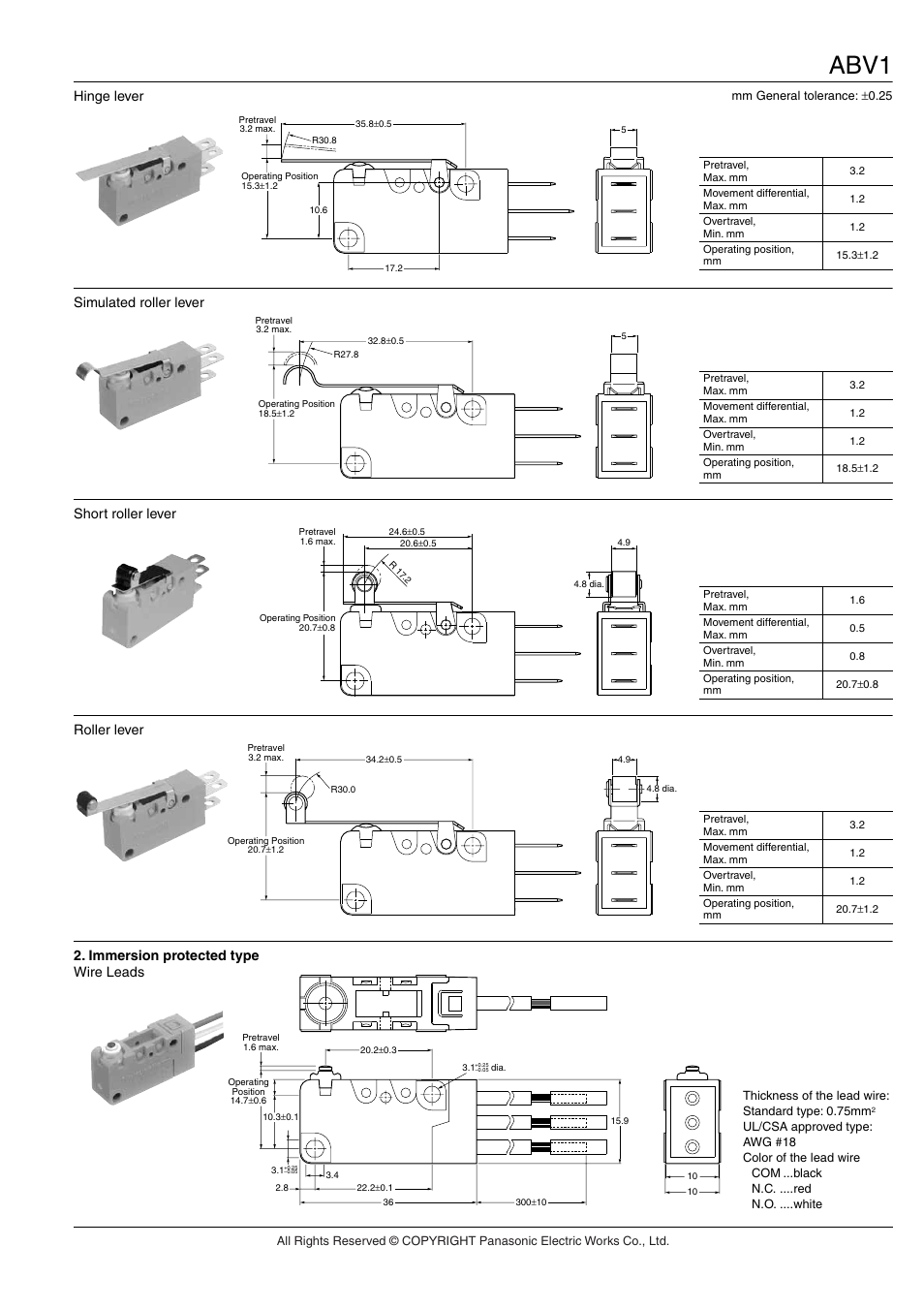 Abv1, Hinge lever, Simulated roller lever | Short roller lever, Roller lever, Immersion protected type wire leads | Panasonic ABV User Manual | Page 5 / 5