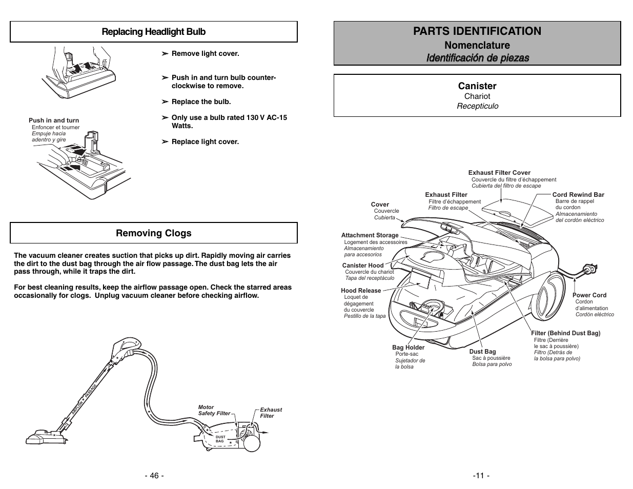 Parts identification, Canister, Removing clogs | Replacing headlight bulb | Panasonic MC-CG973 User Manual | Page 11 / 56