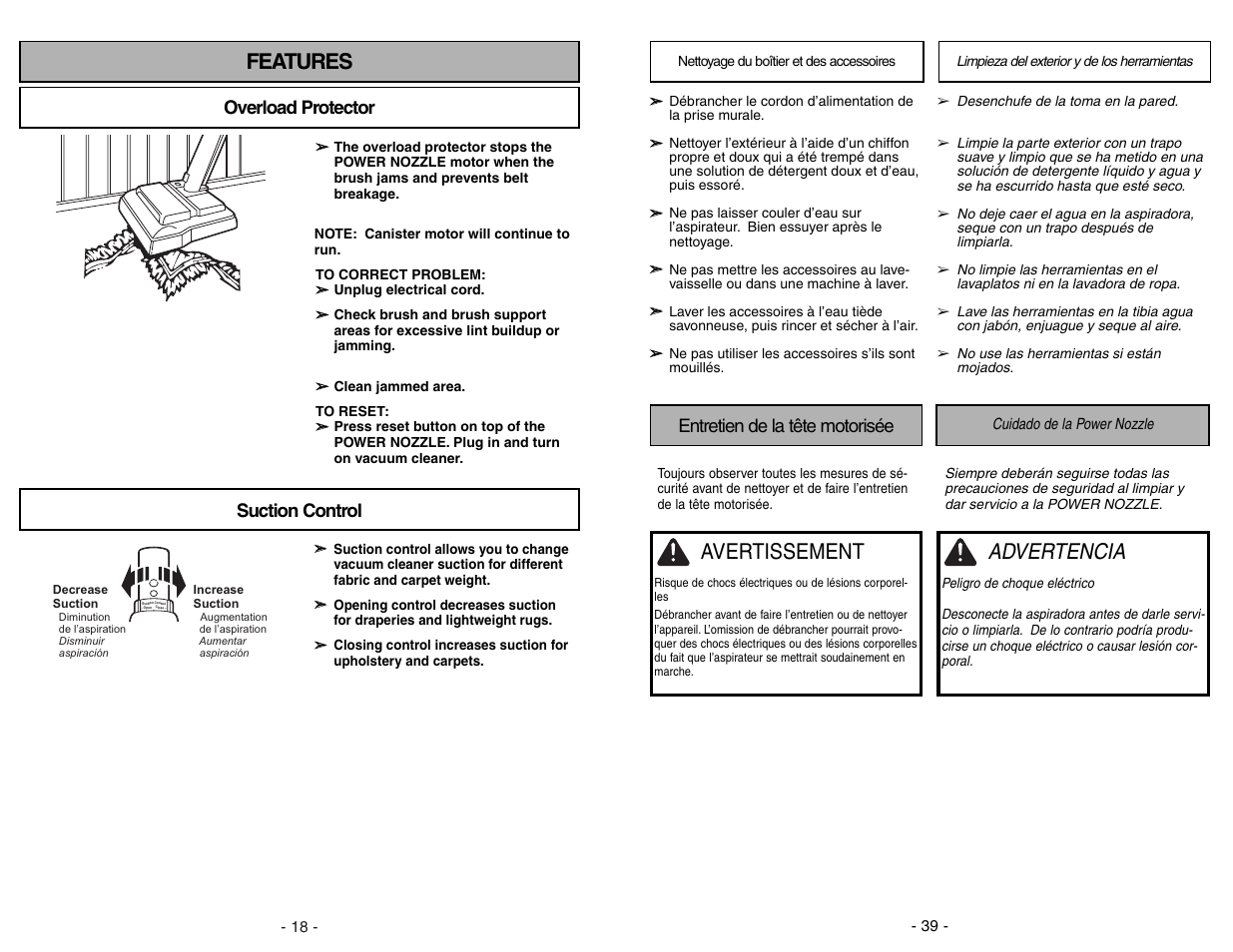 Features, Overload protector, Suction control | Advertencia, Avertissement, Entretien de la tête motorisée | Panasonic MC-CG973 User Manual | Page 18 / 56