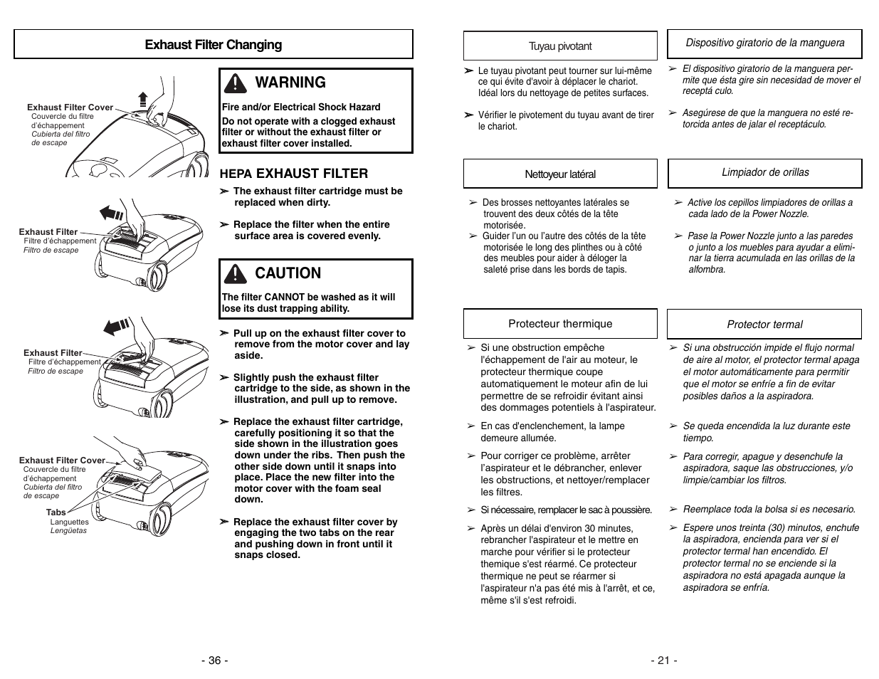 Tayau pivotant, Nettoyeur lateral, Protecteur thermique | Dispositivo giratirio de la manguera, Limpiador de orillas, Protrctor termal, Warning, Caution, Exhaust filter changing, Exhaust filter | Panasonic MC-CG973 User Manual | Page 21 / 56