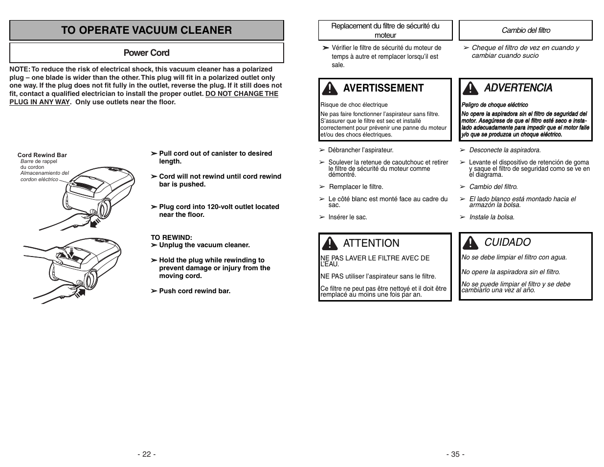 To operator vaccuum cleaner, Power cord, Aad dv ve er rt te en nc ciia a | Cuidado, Avertissement, Attention | Panasonic MC-CG973 User Manual | Page 22 / 56