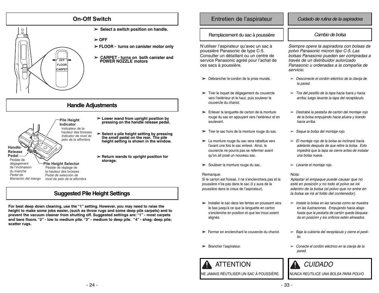 On-off switch, Handle adjustments, Suggested pile height settings | Cuidado, Attention, Handle adjustments suggested pile height settings, Entretien de l’aspirateur | Panasonic MC-CG973 User Manual | Page 24 / 56