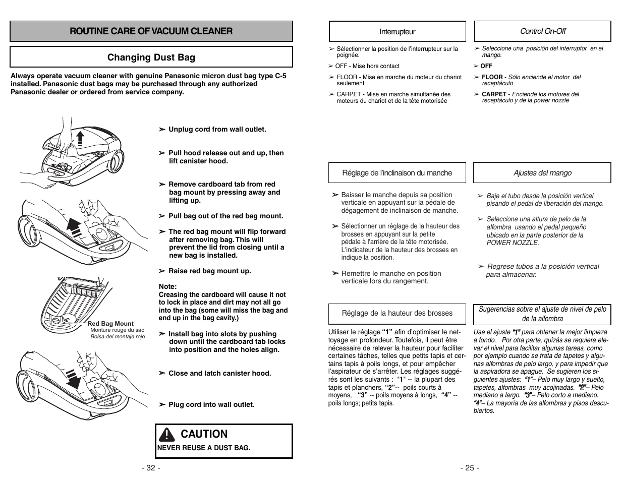 Interrupter, Reglage de i'inclinaison du manche, Reglage de la hauteur des brosses | Control on-off, Ajustes del mango, Caution, Routine care of vacuum cleaner changing dust bag | Panasonic MC-CG973 User Manual | Page 25 / 56
