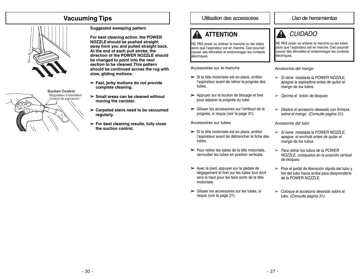 Utilisation des accessorires, Uso de herramientas, Cuidado | Attention, Vacuuming tips, Uso de herramientas utilisation des accessoires | Panasonic MC-CG973 User Manual | Page 27 / 56