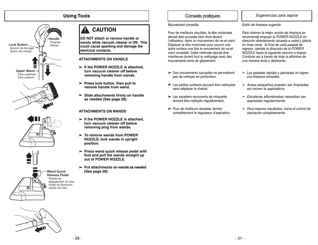 Conselils pratiques, Sugerencias para aspiar, Caution | Using tools, Conseils pratiques | Panasonic MC-CG973 User Manual | Page 31 / 56