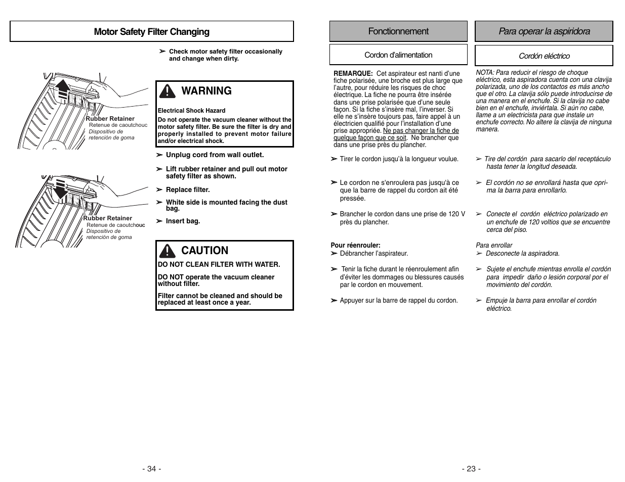 Motor safety filter changing, Warning, Caution | Fonctionnement, Para operar la aspiridora | Panasonic MC-CG973 User Manual | Page 34 / 56