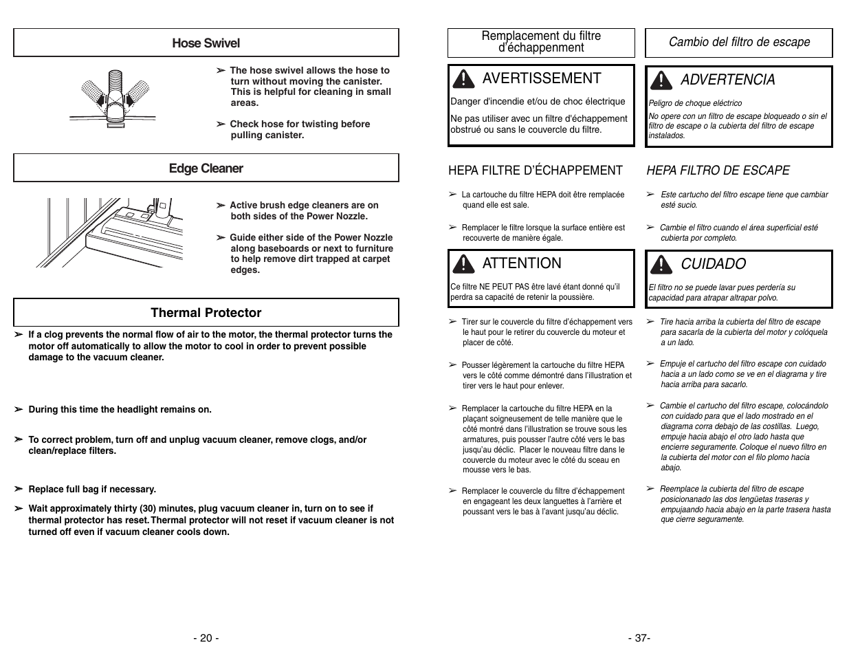 Remplacement du filtre d'echappenment, Cambio del filtro de escape, Advertencia | Cuidado, Avertissement, Attention, Hose swivel edge cleaner, Thermal protector, Hepa filtro de escape, Hepa filtre d’échappement | Panasonic MC-CG973 User Manual | Page 37 / 56