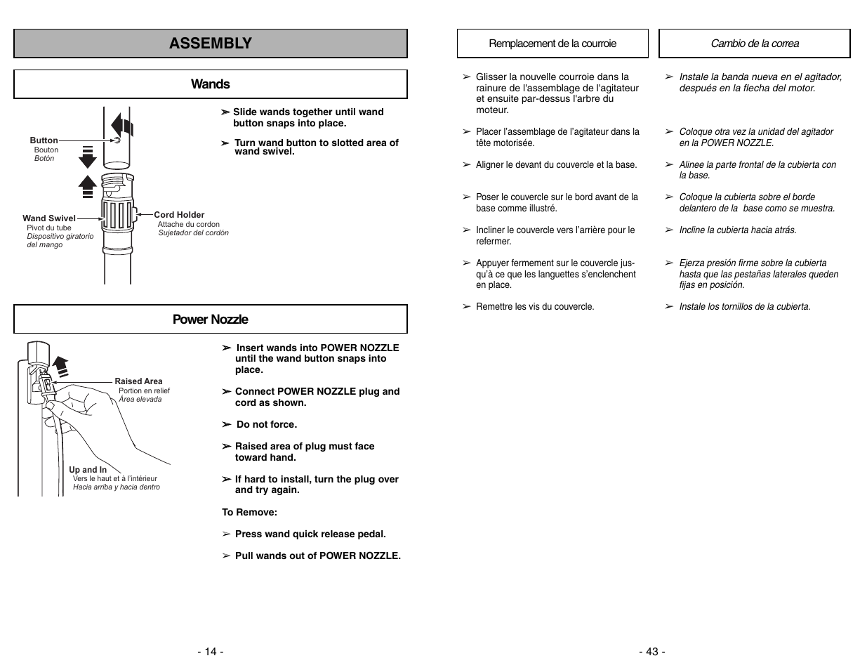 Remplacement de la courroie, Cambio de la correa, Assembly | Wands, Power nozzle | Panasonic MC-CG973 User Manual | Page 43 / 56