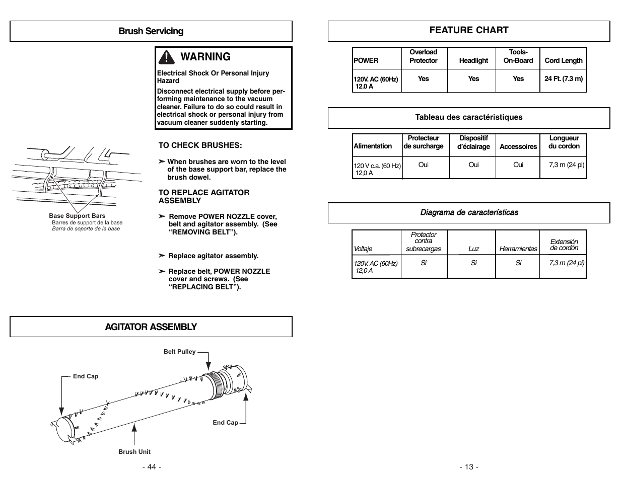 Brush servicing, Warning | Panasonic MC-CG973 User Manual | Page 44 / 56