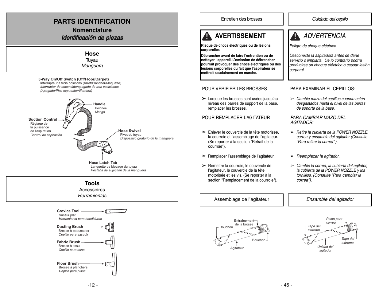 Entretien des brosses, Cuidadi del cepillo, Advertencia | Parts identification, Avertissement | Panasonic MC-CG973 User Manual | Page 45 / 56
