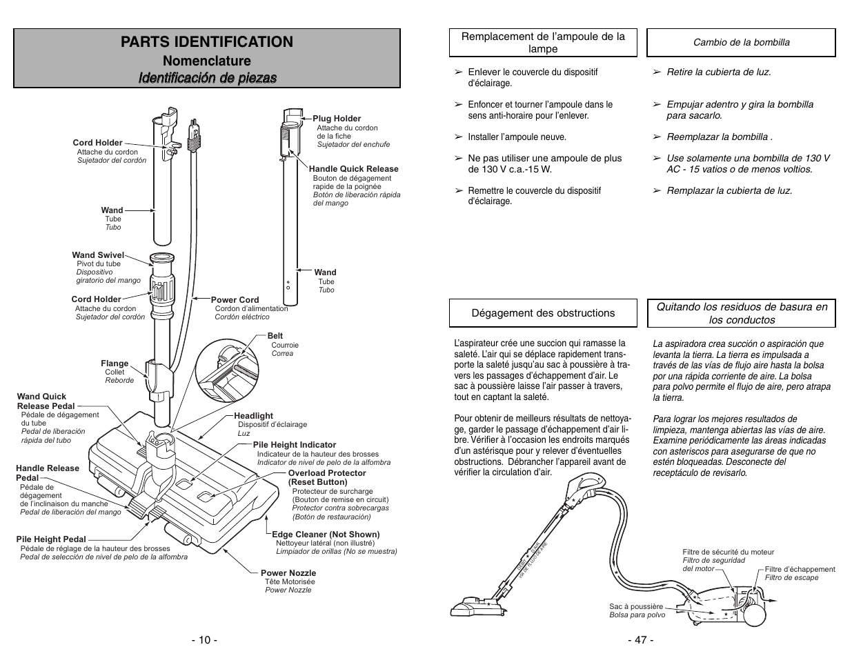 De la lampe, Degagement des obstructions, Cambio de la bombilla | Parts identification | Panasonic MC-CG973 User Manual | Page 47 / 56