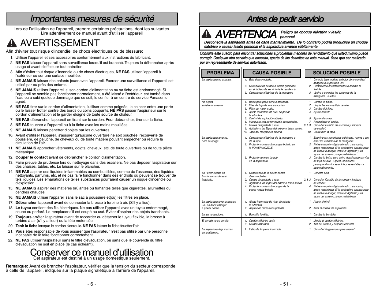 Anres de pedir servicio, Aav ve er rt te en nc ciia a, Importantes mesures de sécurité | Avertissement, Conserver ce manuel d’utilisation | Panasonic MC-CG973 User Manual | Page 51 / 56