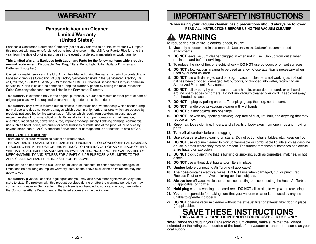Warranty, Important safety instructions, Warning | Save these instructions | Panasonic MC-CG973 User Manual | Page 52 / 56