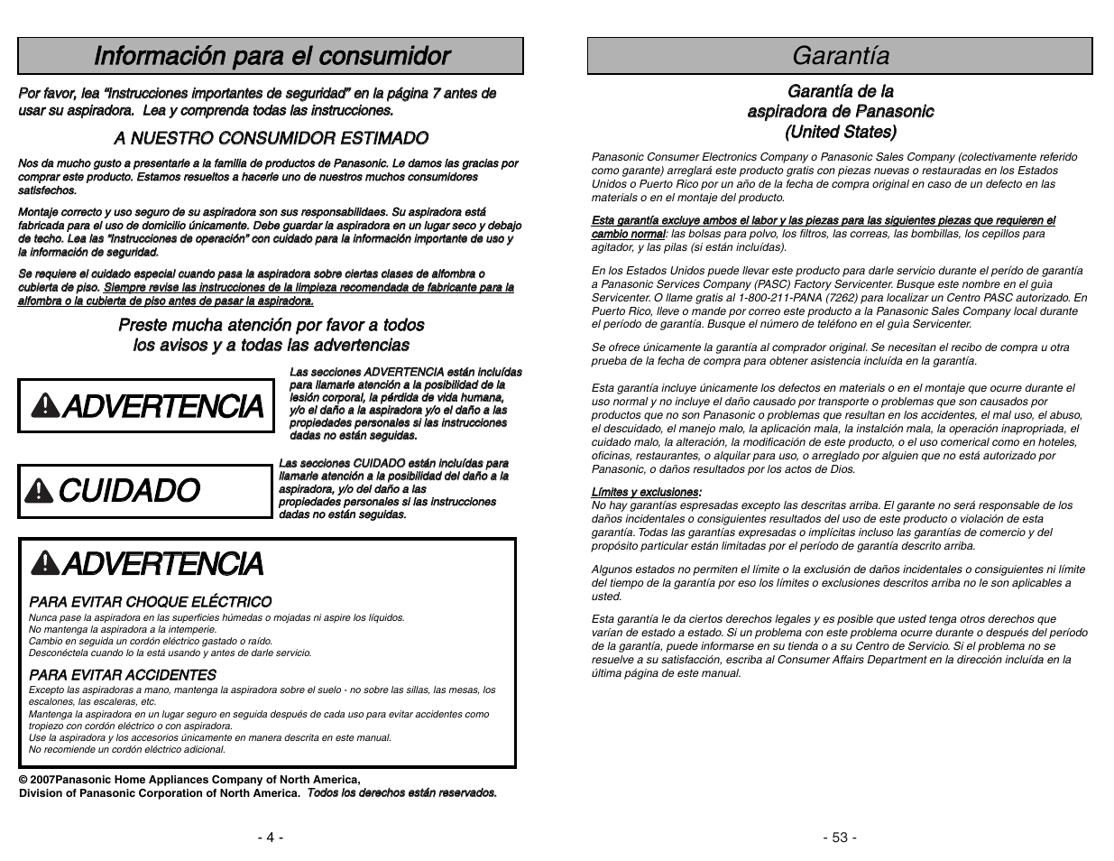 Garantia, Aad dv ve er rt te en nc ciia a, Garantía | Panasonic MC-CG973 User Manual | Page 53 / 56