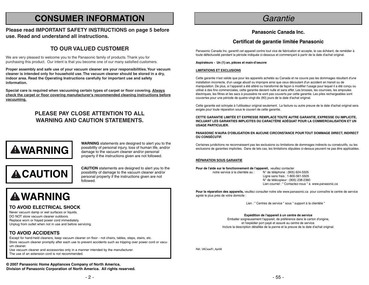 Garantie, Warning, Warning caution | Consumer information | Panasonic MC-CG973 User Manual | Page 55 / 56
