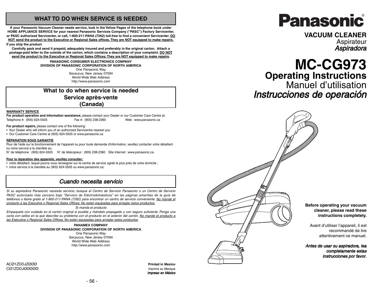 What to do when service is needed, Service apres-vente, Cuando necesitis servicio | Mc-cg973, Aas sp piirra ad do orra a | Panasonic MC-CG973 User Manual | Page 56 / 56