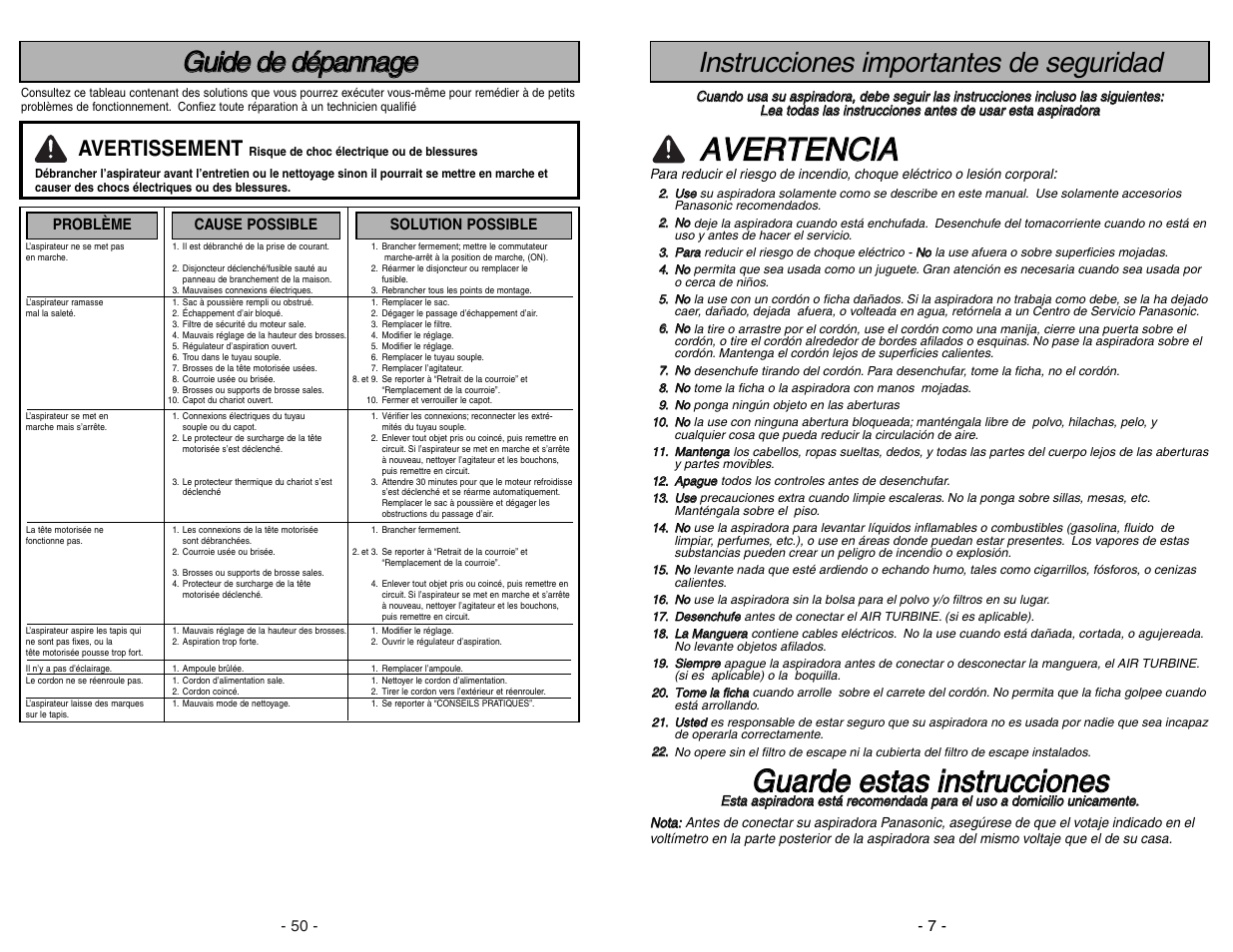 Instrucciones importantes de seguridad, Aav ve er rt te en nc ciia a, Avertissement | Panasonic MC-CG973 User Manual | Page 7 / 56