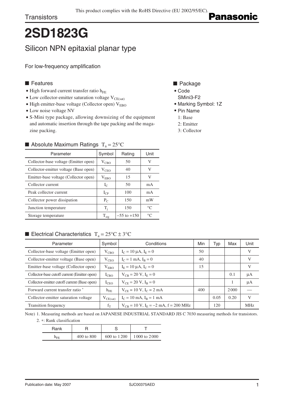 Panasonic 2SD1823G User Manual | 4 pages