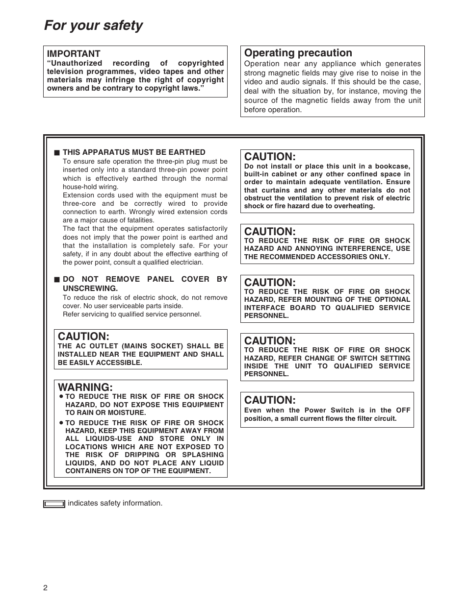 For your safety, Caution, Warning | Operating precaution | Panasonic AJ-YA120AG User Manual | Page 2 / 56
