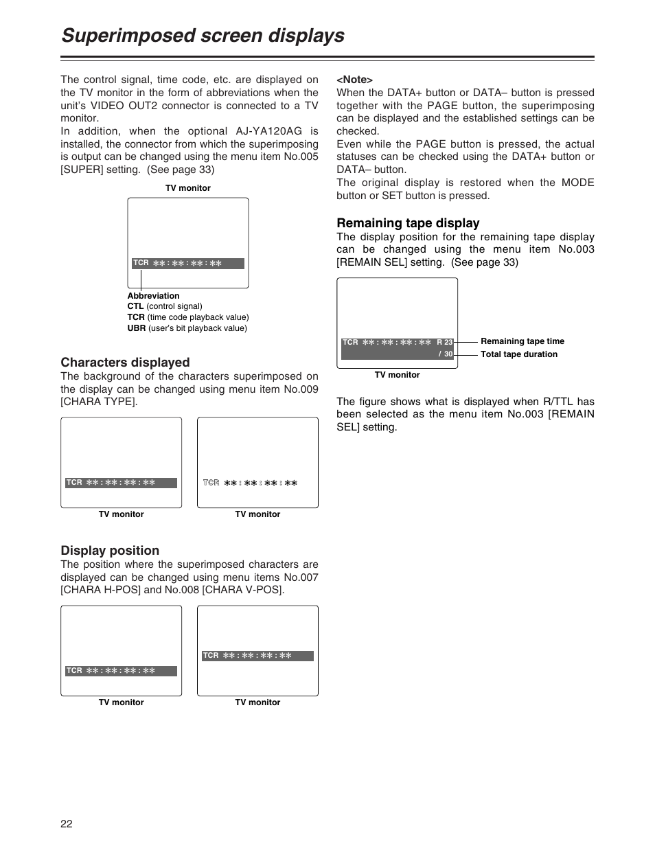 Superimposed screen displays, Display position, Characters displayed | Remaining tape display | Panasonic AJ-YA120AG User Manual | Page 22 / 56