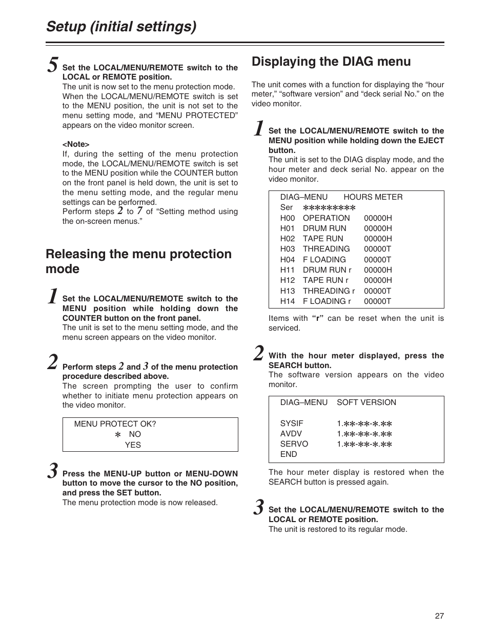 Setup (initial settings), Releasing the menu protection mode, Displaying the diag menu | Panasonic AJ-YA120AG User Manual | Page 27 / 56