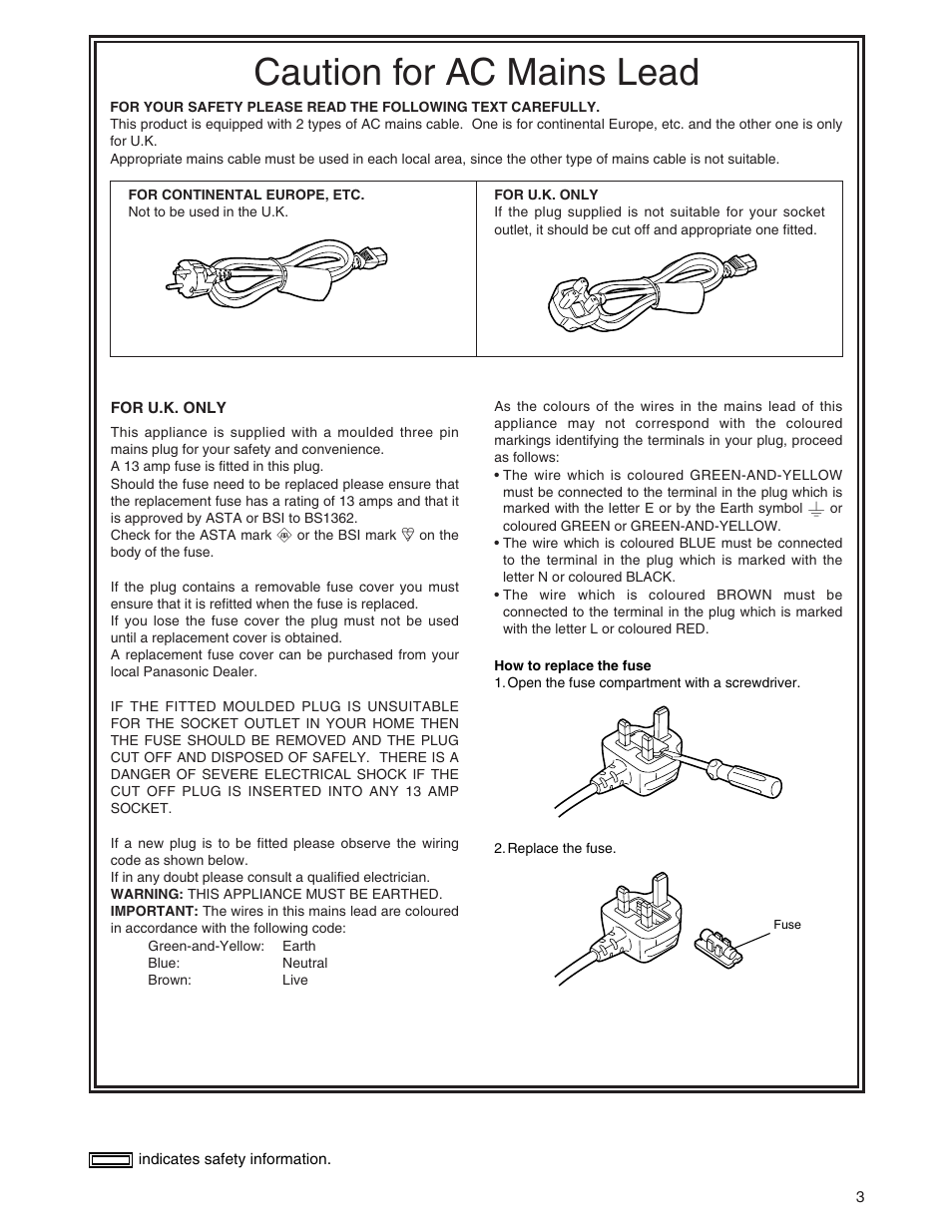 Caution for ac mains lead | Panasonic AJ-YA120AG User Manual | Page 3 / 56