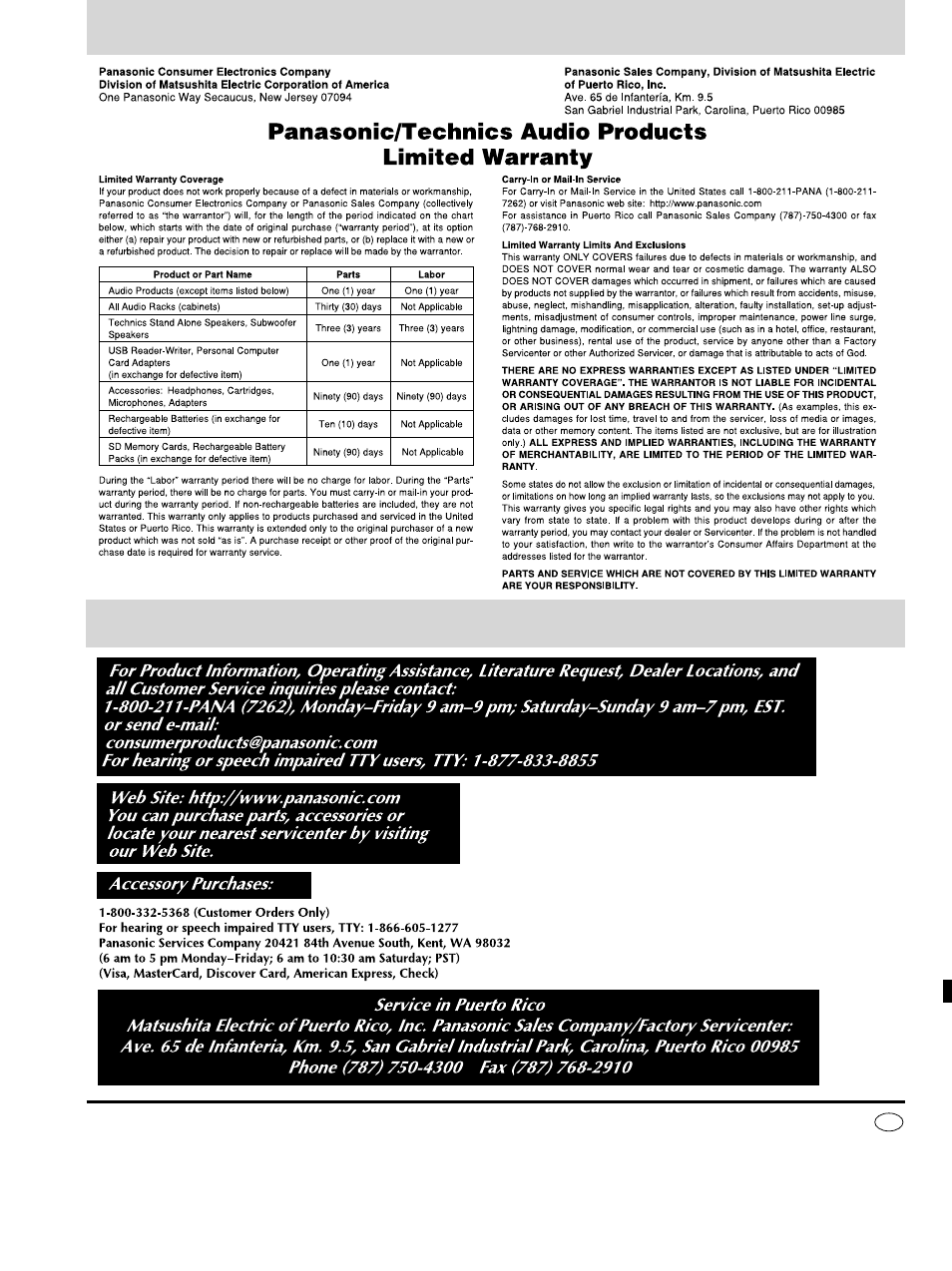 Limited warranty (only for u.s.a.), Customer services directory (only for u.s.a.) | Panasonic SC-AK403 User Manual | Page 20 / 20