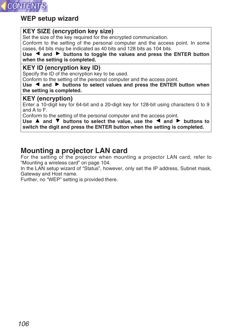 Mounting a projector lan card, Wep setup wizard | Panasonic TQBH9003-6 User Manual | Page 106 / 146