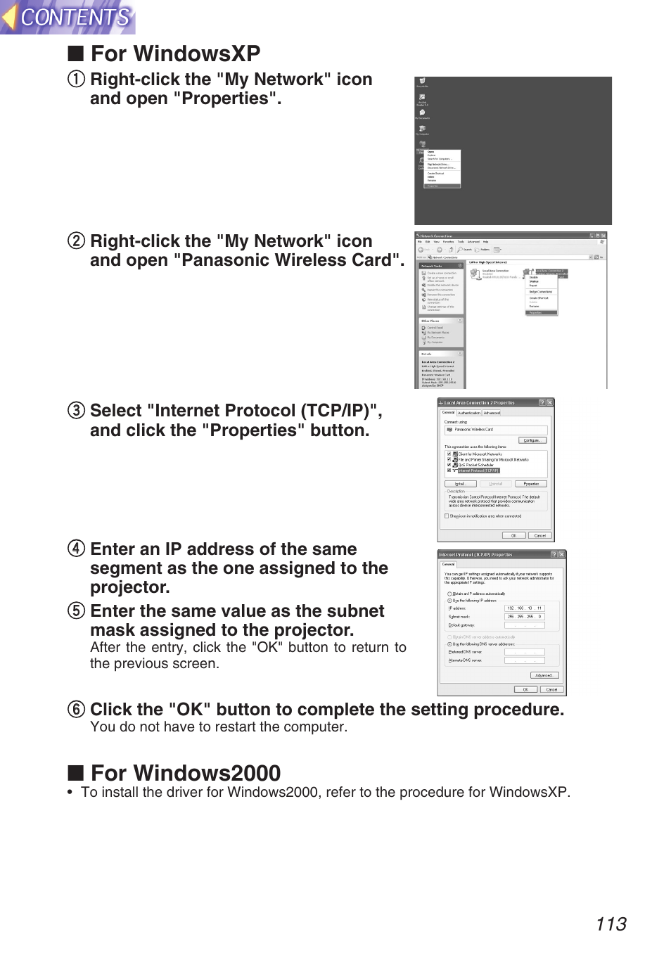 For windowsxp, For windows2000 | Panasonic TQBH9003-6 User Manual | Page 113 / 146