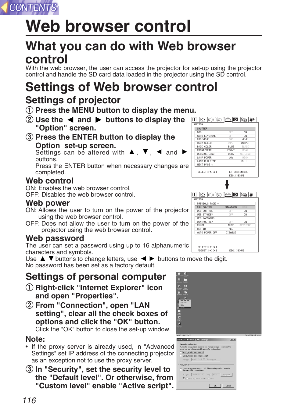 Web browser control, What you can do with web browser control, Settings of web browser control | Settings of projector, Settings of personal computer, Web control, Web power, Web password | Panasonic TQBH9003-6 User Manual | Page 116 / 146
