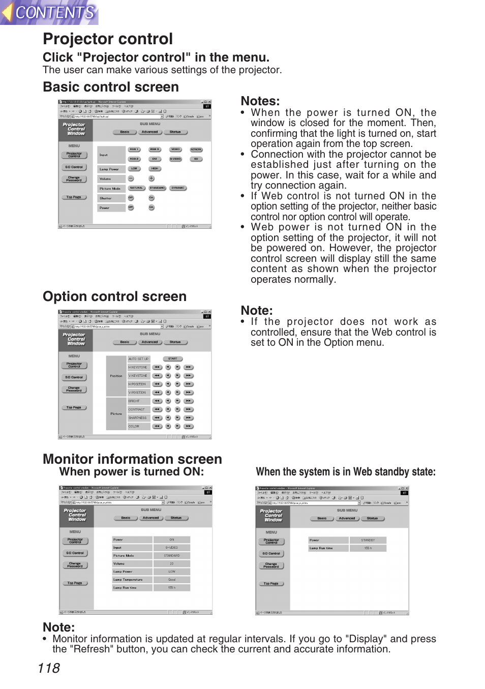 Projector control, Basic control screen, Option control screen | Monitor information screen | Panasonic TQBH9003-6 User Manual | Page 118 / 146