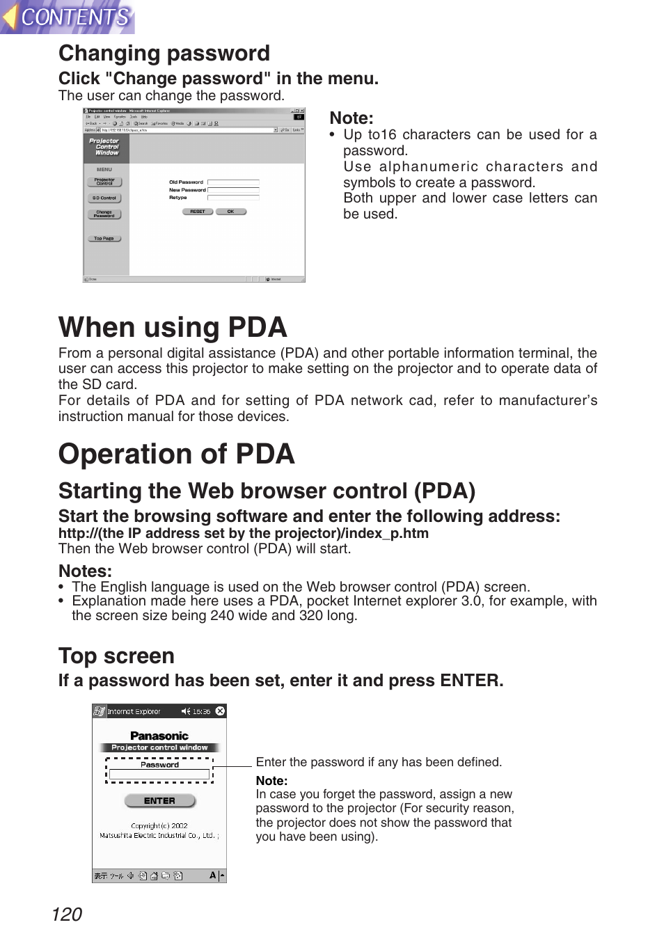 When using pda, Operation of pda, Top screen starting the web browser control (pda) | Changing password | Panasonic TQBH9003-6 User Manual | Page 120 / 146