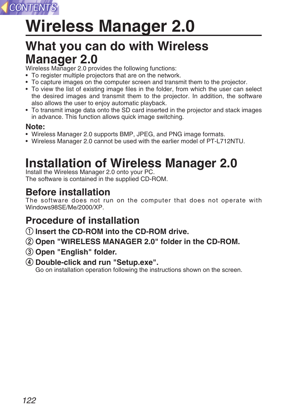 Wireless manager 2.0, What you can do with wireless manager 2.0, Installation of wireless manager 2.0 | Before installation, Procedure of installation | Panasonic TQBH9003-6 User Manual | Page 122 / 146