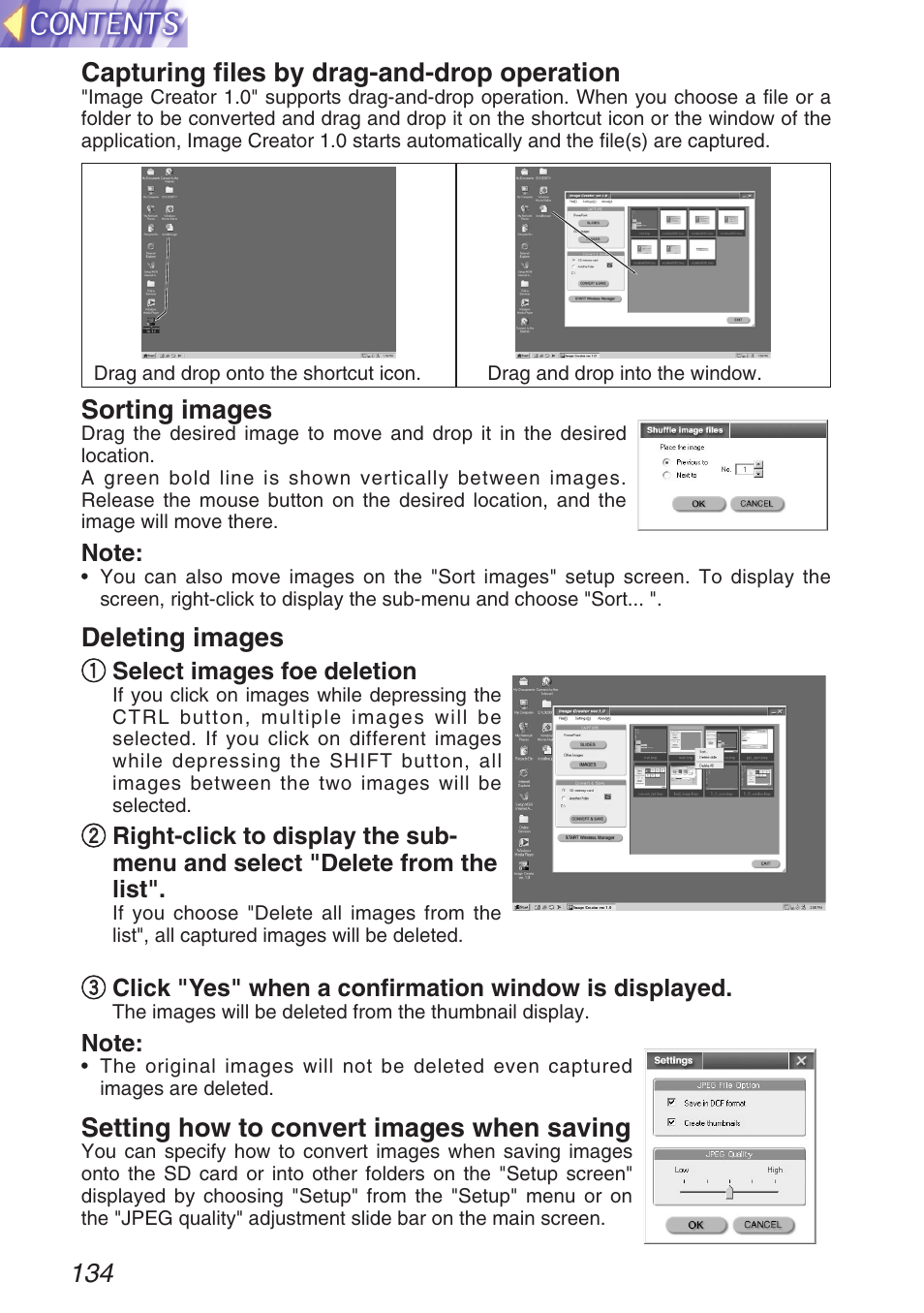 134 capturing files by drag-and-drop operation, Sorting images, Deleting images | Setting how to convert images when saving | Panasonic TQBH9003-6 User Manual | Page 134 / 146