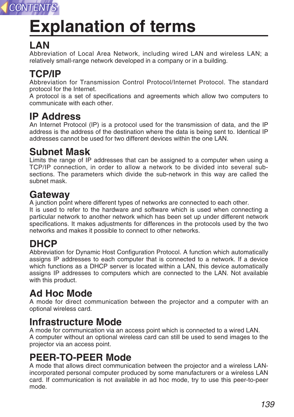 Explanation of terms, Tcp/ip, Ip address | Subnet mask, Gateway, Dhcp, Ad hoc mode, Infrastructure mode, Peer-to-peer mode | Panasonic TQBH9003-6 User Manual | Page 139 / 146