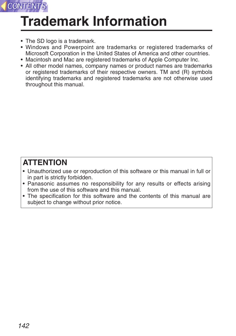 Trademark information, Attention | Panasonic TQBH9003-6 User Manual | Page 142 / 146